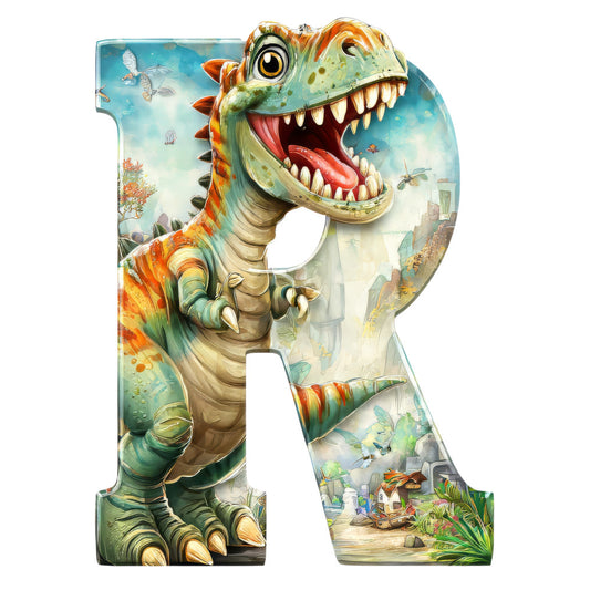 dinosaur, t-rex, prehistoric, letter r, alphabet panel, green, orange, turquoise, blue, cream, beige, sharp teeth, roaring, spikes, claws, fabric panel, quilting cotton, children's theme, reptile, jurassic, watercolor style, vibrant colors, kids decor, educational, learning theme