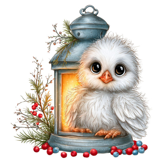 white owl, blue lantern, winter holiday, christmas, festive, warm lighting, evergreen branches, red berries, blue berries, whimsical, rustic, cozy, nature, birds, animals, winter theme, holiday decor, warm amber glow, decorative lantern, blue-grey, cream white, orange beak, seasonal, traditional, elegant, charming, festive animals, winter wildlife, holiday panel, wall hanging