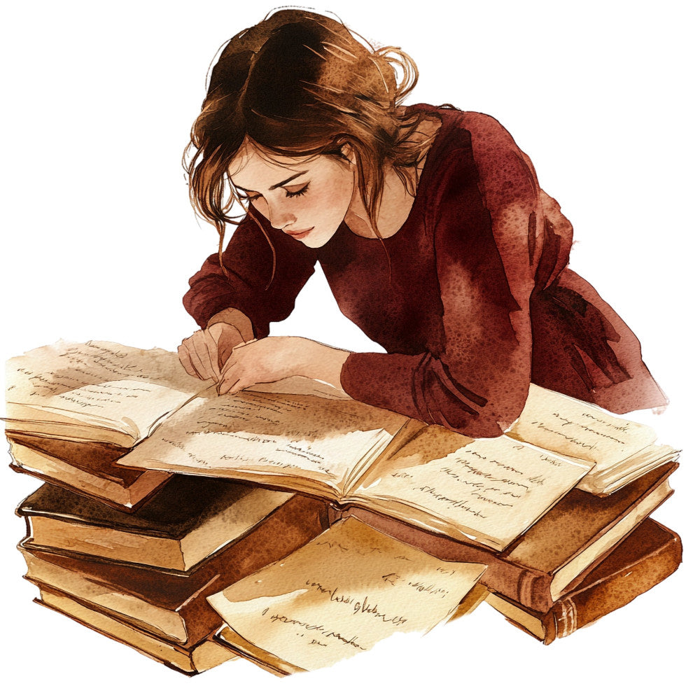 reading woman, vintage literature, burgundy red, rust brown, cream, antique books, literary, scholarly, intellectual, nostalgic, classic, traditional, elegant, whimsical, storybook, historical, education, learning, knowledge, girl reading, book lover, literary art, sepia tones, warm earth tones, timeless, romantic, peaceful, contemplative