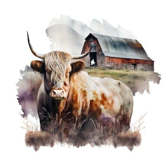 Watercolor Highland Cows Fabric Panel 10 featuring a detailed painting of a highland cow in front of a rustic barn on premium quilting cotton.
