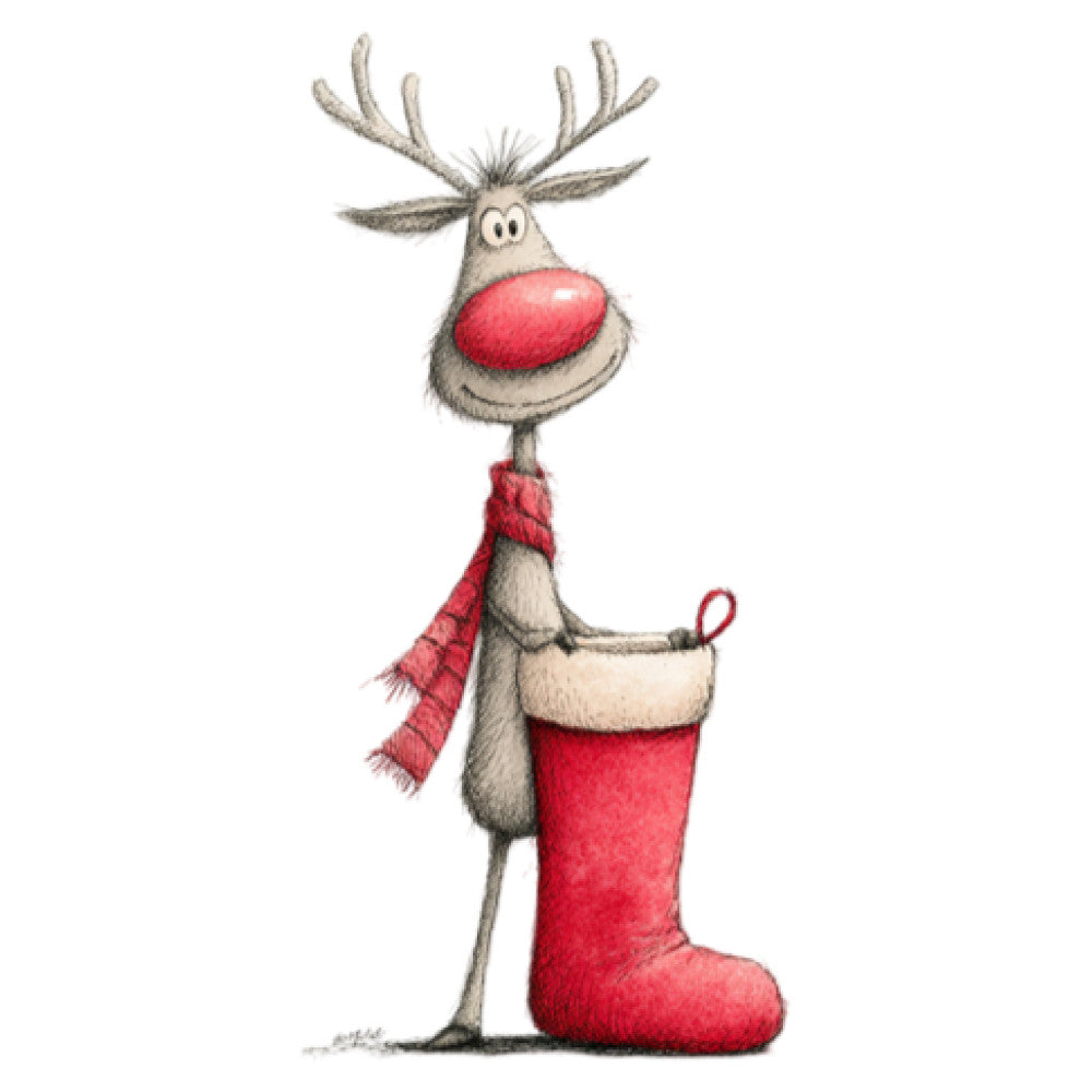 reindeer, red nose, holiday, christmas, whimsical, cute animals, festive, red, cream, tan, beige, winter, scarf, stocking, nose, funny, humorous, playful, children's, kids, seasonal, jolly, reindeer face, oversized motif, statement print, novelty, traditional christmas, retro illustration, charming, folk art style