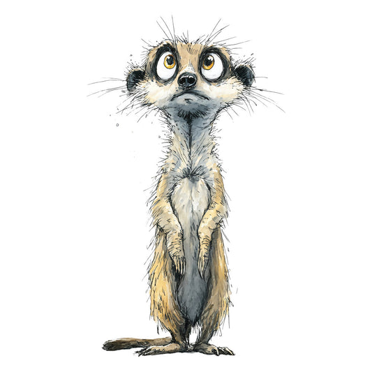 meerkat, animal, wildlife, whimsical, humorous, funny, tan, beige, cream, black, golden yellow, amber eyes, standing pose, curious expression, hand-drawn, illustrative, children's, nursery, playful, quirky, contemporary, nature-inspired, woodland, African animals, character design, decorative panel, wall art, kids fabric