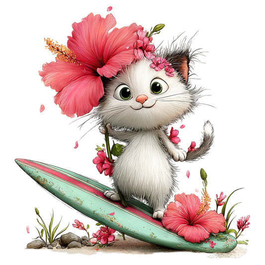 cute cat, fluffy cat, white cat, coral pink, dusty rose, mint green, sage green, orange, floral, hibiscus, flowers, nature, animals, whimsical, playful, spring, summer, cat illustration, botanical, petal details, charming, child-friendly, decorative, artistic, garden theme, feminine, delicate florals, colorful, illustrated animals