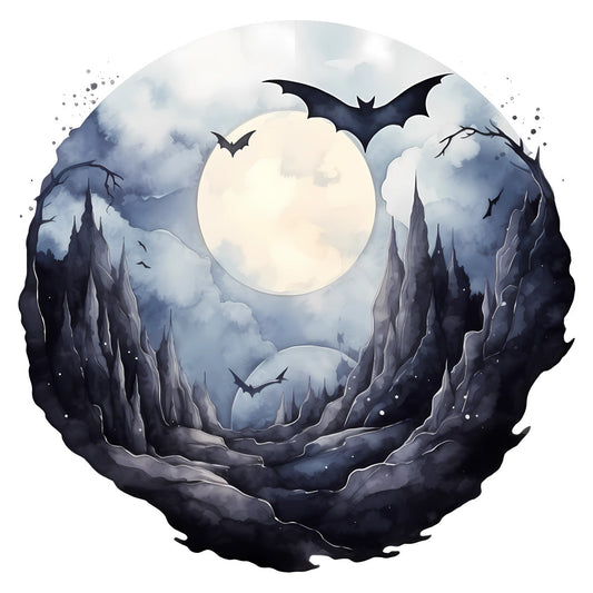 celestial, moon, moonlight, night sky, bats, cave, gothic, dark blue, navy, charcoal gray, cream, pale yellow, white, cloudy, misty, atmospheric, mystical, spooky, halloween, dark fantasy, moody, dramatic, elegant, whimsical, nature, landscape, nocturnal, full moon, flying creatures, mysterious