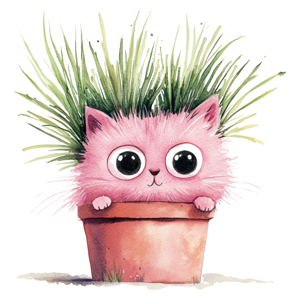 pink cat, whimsical, cute animals, grass hair, plant pot, terracotta pot, succulent cat, playful, children's illustration, big eyes, fuzzy cat, nature themed, botanical, green grass, spring, summer, baby quilt, wall hanging, decorative panel, illustration style, modern whimsical, animal characters, potted plant, soft pink, forest green, light green, terra cotta, kawaii, quirky, nursery decor
