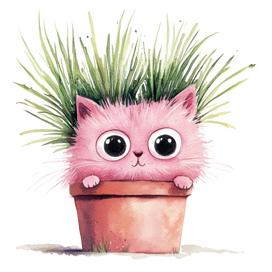 pink cat, whimsical, cute animals, grass hair, plant pot, terracotta pot, succulent cat, playful, children's illustration, big eyes, fuzzy cat, nature themed, botanical, green grass, spring, summer, baby quilt, wall hanging, decorative panel, illustration style, modern whimsical, animal characters, potted plant, soft pink, forest green, light green, terra cotta, kawaii, quirky, nursery decor