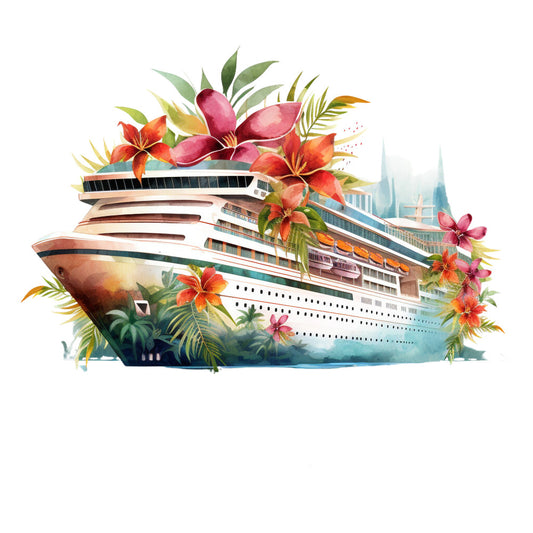 cruise ship, tropical flowers, hibiscus, plumeria, palm fronds, watercolor style, coral pink, orange, magenta, teal blue, green leaves, ocean liner, vacation theme, tropical paradise, fabric panel, quilting cotton, maritime scene, floral arrangement, cruise vacation, nautical design