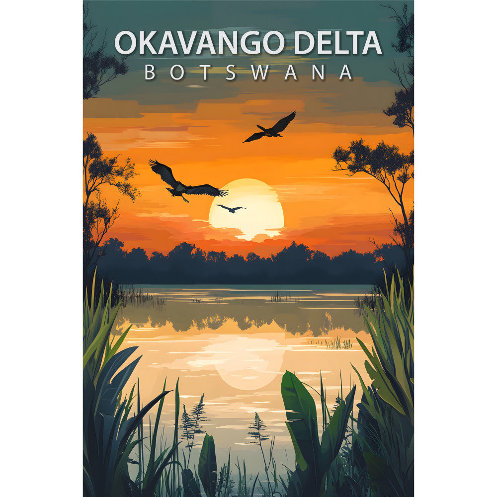 okavango delta, botswana, sunset, orange sky, flying birds, silhouettes, water reflection, marsh grass, wetlands, african landscape, travel poster, vintage style, nature scene, wildlife, golden hour, fabric panel, cotton panel, quilting fabric, scenic design, wilderness