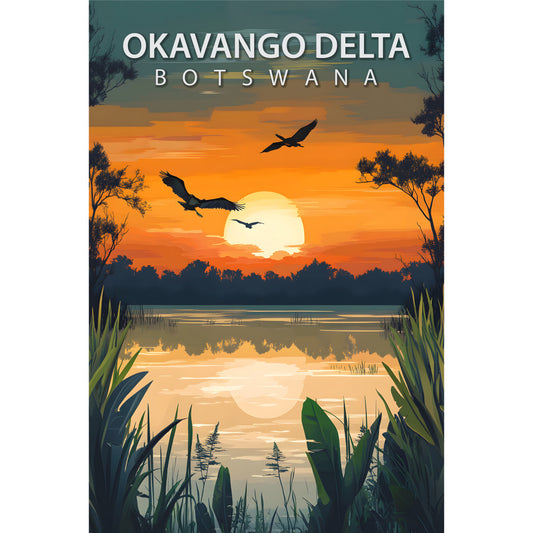 okavango delta, botswana, sunset, orange sky, flying birds, silhouettes, water reflection, marsh grass, wetlands, african landscape, travel poster, vintage style, nature scene, wildlife, golden hour, fabric panel, cotton panel, quilting fabric, scenic design, wilderness