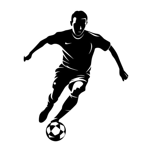 black and white, silhouette, sports, soccer, football, athlete, male figure, action pose, dynamic, modern, athletic, monochrome, high contrast, youth, children's, boys, sports themed, game day, team sports, ball sport, motivational, fitness, active lifestyle, minimalist, graphic design, contemporary, athletic wear inspired, unisex