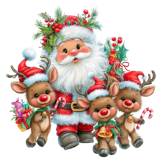 christmas, holiday, santa, reindeer, festive, red, white, cream, forest green, coral pink, red nose, candy cane, holly berries, pine branches, whimsical, traditional, cute, jolly, gift boxes, bells, december, winter, seasonal, vintage christmas, retro christmas, family friendly, children, playful, decorative