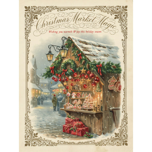 christmas market magic, holiday, vintage christmas, snow-covered cottage, gingerbread house, red ornaments, gold stars, evergreen garland, red ribbons, lanterns, gingerbread, festive, traditional, elegant, nostalgic, cream background, red and green, gold accents, winter scene, christmas village, holiday market, snowy landscape, victorian style, decorative border, ornamental frame, festive scene, christmas gifts, holiday greeting card style, seasonal