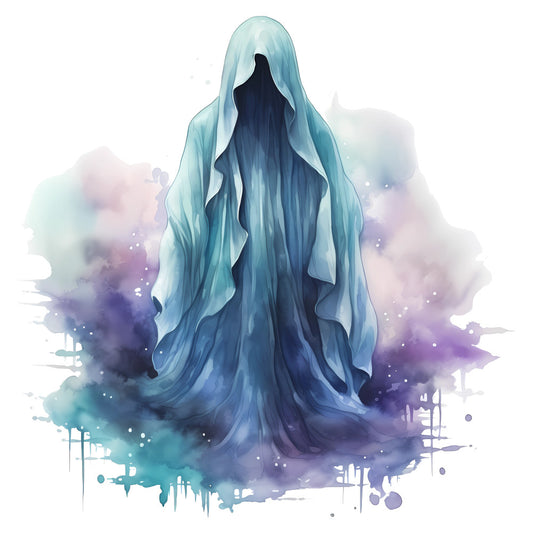 ethereal figure, ghostly silhouette, watercolor effect, abstract art, mystical, spiritual, ice blue, teal, purple, lavender, indigo, navy blue, dark blue, ethereal, dreamy, fantasy, celestial, magical, whimsical, elegant, contemporary, modern, supernatural, apparition, flowing fabric, long hair, shaded figure, artistic, ink wash effect, cool tones