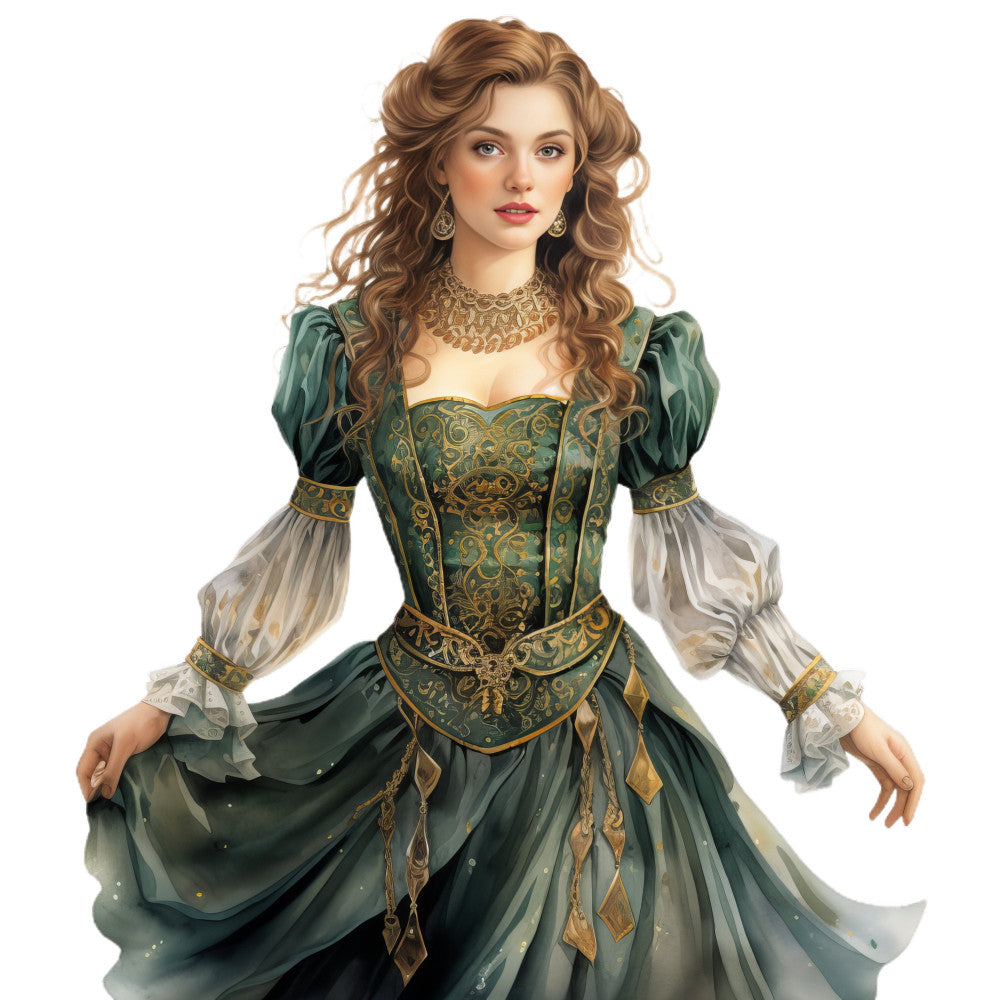 forest green, sage green, teal, gold, cream, ivory, ornate embroidery, filigree, baroque, damask, renaissance, medieval, historical costume, victorian, elegant, formal, decorative, embellished, regal, noble, princess, gown, dress, period dress, vintage, classic, ornamental patterns, jewel tones, antique, traditional