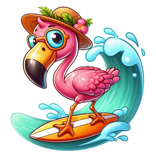 flamingo, surfing, tropical, pink, turquoise, orange, straw hat, hibiscus flower, ocean wave, surfboard, cartoon style, whimsical, beach theme, summer, fabric panel, quilting cotton, hawaiian style, water sports, cute animal, bright colors