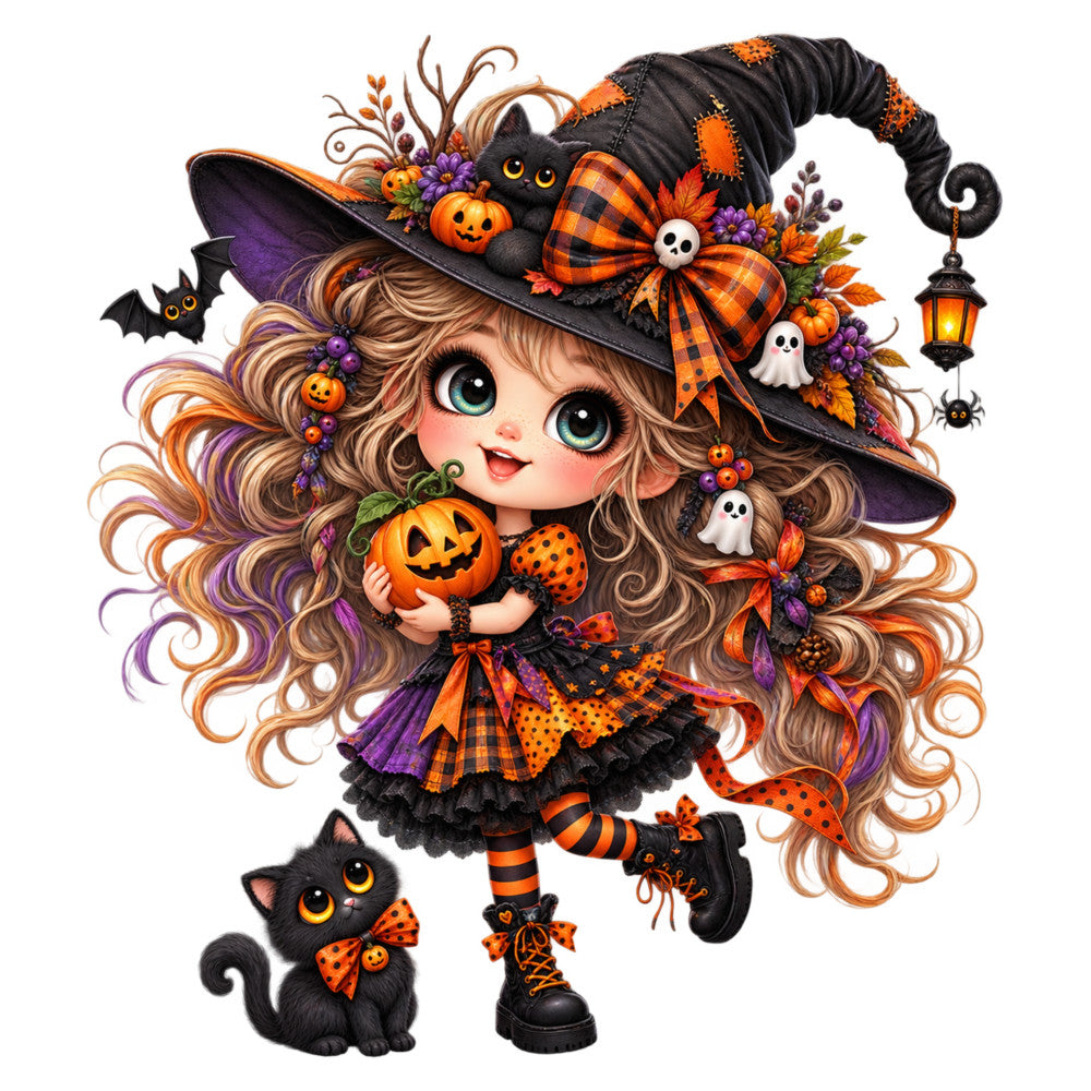 halloween, witch, black cat, pumpkin, orange, purple, autumn, fall, whimsical, cute, magical, festive, holiday, striped, plaid, checkered, jack-o-lantern, ghost, bat, spooky, fun, playful, children's, novelty, seasonal, decorative, cute witch, enchanted, festive halloween, trick-or-treat