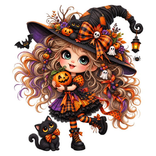halloween, witch, black cat, pumpkin, orange, purple, autumn, fall, whimsical, cute, magical, festive, holiday, striped, plaid, checkered, jack-o-lantern, ghost, bat, spooky, fun, playful, children's, novelty, seasonal, decorative, cute witch, enchanted, festive halloween, trick-or-treat