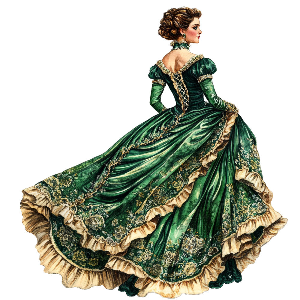 forest green, cream, gold, vintage, victorian, elegant, ornate, floral, damask, botanical, woman, fashion, historical, period dress, gown, ball gown, traditional, classic, romantic, nostalgic, steampunk, renaissance, formal wear, decorative, ruffled, detailed, ornamental