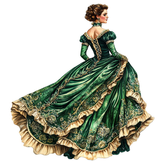 forest green, cream, gold, vintage, victorian, elegant, ornate, floral, damask, botanical, woman, fashion, historical, period dress, gown, ball gown, traditional, classic, romantic, nostalgic, steampunk, renaissance, formal wear, decorative, ruffled, detailed, ornamental