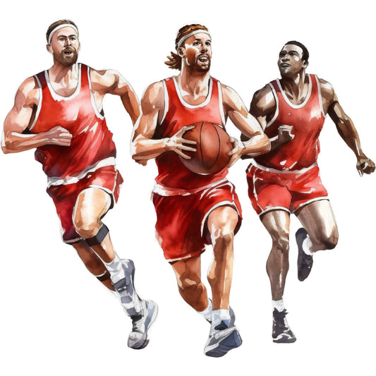 basketball, sports, athletes, red, white, gray, action, dynamic, masculine, team sports, athletic wear, exercise, fitness, movement, energetic, modern, realistic, portrait, male figures, running, playing, competitive, casual wear, gym, workout, active lifestyle, contemporary