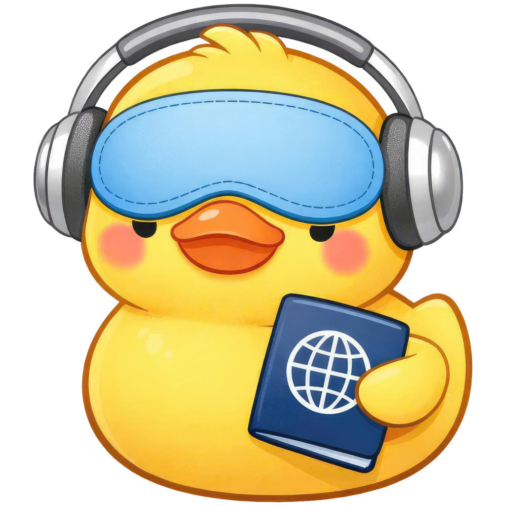 yellow duck, blue sleep mask, headphones, passport, travel, yellow, bright yellow, orange beak, sky blue, gray headphones, whimsical, cute, character, animal, bird, aviation, adventurous, playful, modern, children's, baby, travel theme, wanderlust, globe, world map, sleeping, rest, music, tech accessories, cheerful