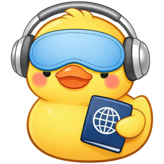 yellow duck, blue sleep mask, headphones, passport, travel, yellow, bright yellow, orange beak, sky blue, gray headphones, whimsical, cute, character, animal, bird, aviation, adventurous, playful, modern, children's, baby, travel theme, wanderlust, globe, world map, sleeping, rest, music, tech accessories, cheerful