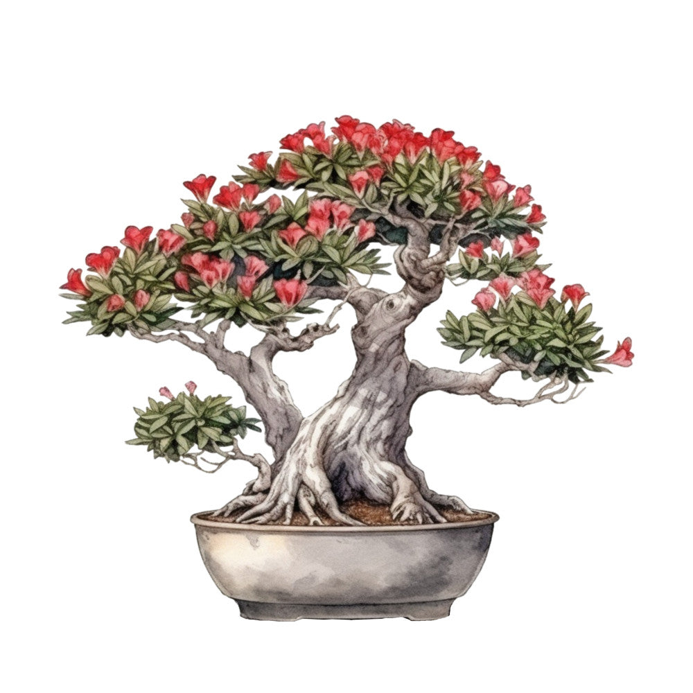 bonsai tree, fabric panel, watercolor style, botanical illustration, red flowers, pink blooms, green leaves, gray trunk, ceramic pot, asian inspired, nature motif, flowering tree, miniature tree, decorative panel, quilting fabric, cotton panel, zen garden, oriental design, floral elements, twisted branches