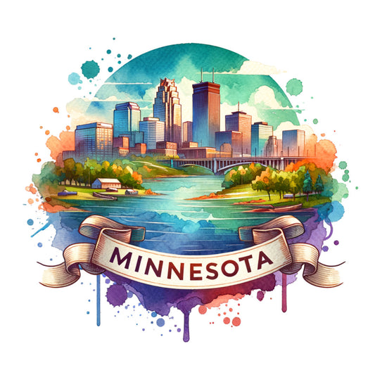 US States Retro Travel Fabric Panel 34 featuring a colorful watercolor Minnesota cityscape with banner on premium quilting cotton fabric.