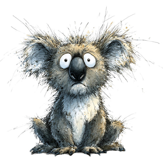 koala, charcoal gray, slate blue, tan, cream, beige, whimsical, cute animals, wildlife, nature, illustrated, watercolor style, expressive eyes, quirky, playful, modern illustration, children's, nursery, baby, woodland creatures, australia, adorable, humorous, character design, animal portrait, ink wash, artistic, contemporary