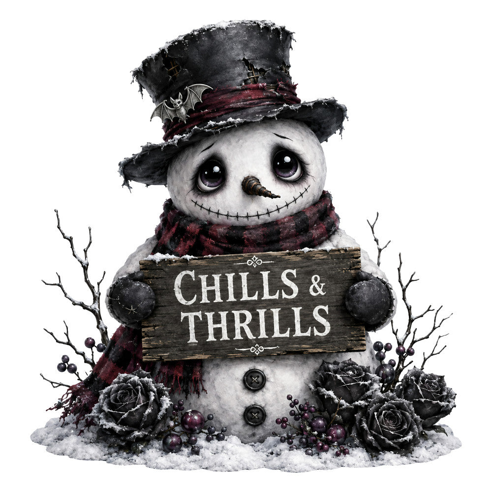 spooky, gothic, snowman, halloween, christmas, winter, dark academia, burgundy, black, white, gray, silver, macabre, whimsical, creepy, elegant, rose motif, bat, skeletal, dark floral, vintage gothic, haunting, mystical, festive darkness, seasonal, dark romantic, tophat, scarf, statement print, dramatic