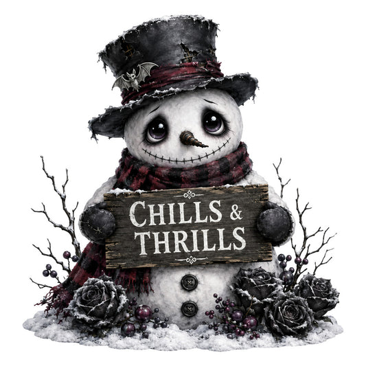 spooky, gothic, snowman, halloween, christmas, winter, dark academia, burgundy, black, white, gray, silver, macabre, whimsical, creepy, elegant, rose motif, bat, skeletal, dark floral, vintage gothic, haunting, mystical, festive darkness, seasonal, dark romantic, tophat, scarf, statement print, dramatic