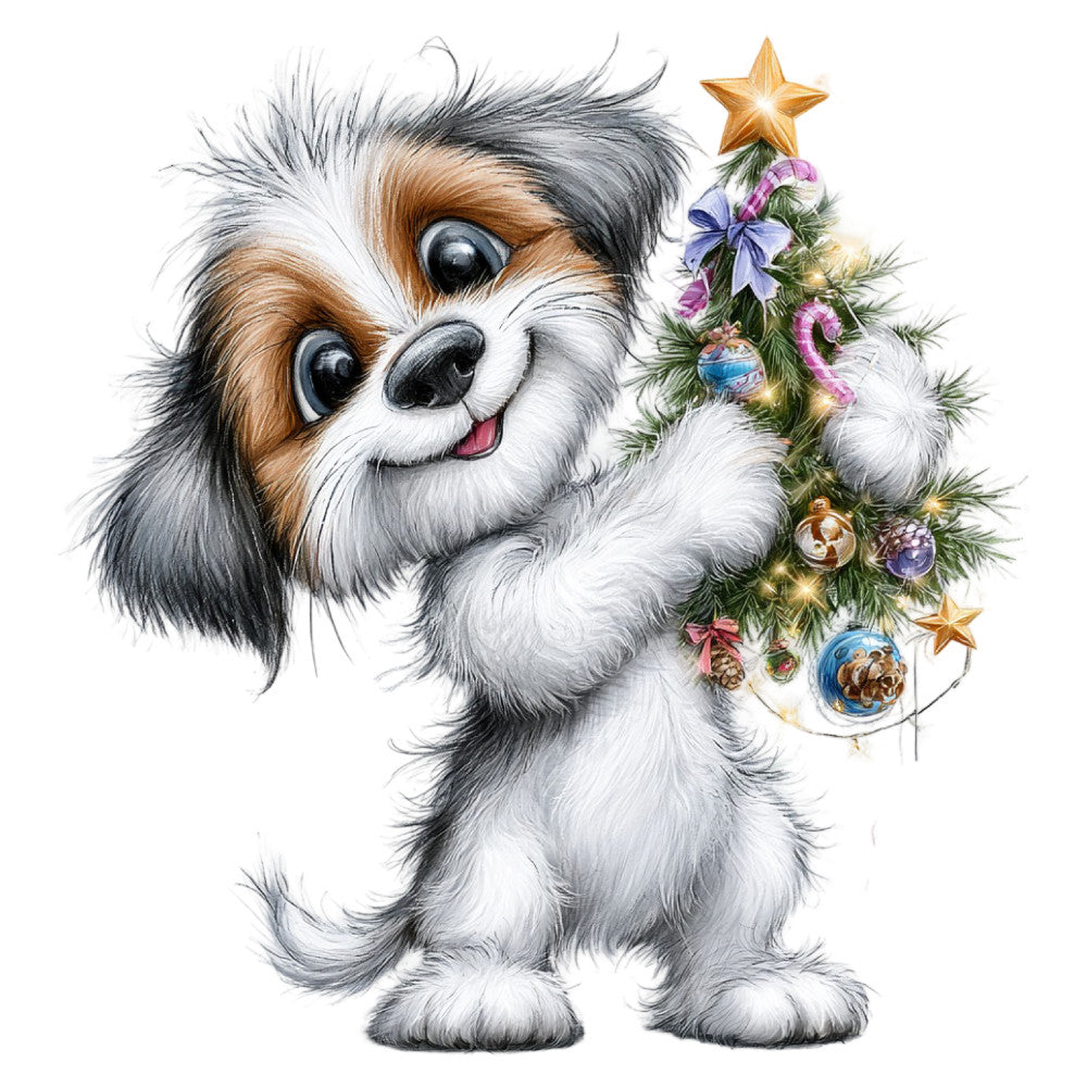 cute dog, shih tzu, puppy, holiday, christmas, festive, whimsical, playful, charming, white, cream, gray, brown, tan, gold, purple, pink, blue, christmas tree, ornaments, stars, flowers, floral, animals, pets, children's, kid-friendly, nursery, baby, seasonal