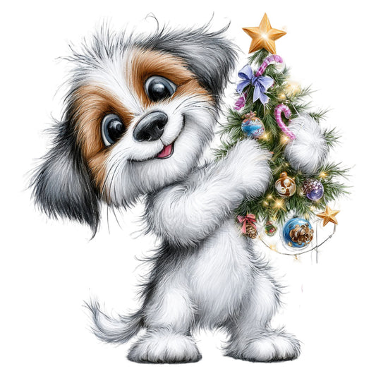 cute dog, shih tzu, puppy, holiday, christmas, festive, whimsical, playful, charming, white, cream, gray, brown, tan, gold, purple, pink, blue, christmas tree, ornaments, stars, flowers, floral, animals, pets, children's, kid-friendly, nursery, baby, seasonal