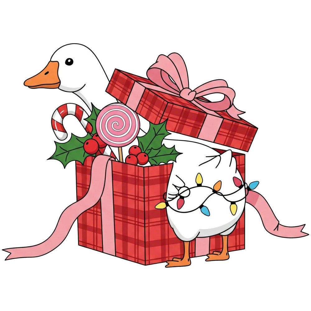 red plaid, pink ribbon, white goose, orange beak, candy cane, lollipop, holly leaves, red berries, christmas, holiday, festive, whimsical, cute, animals, birds, sweets, candy themed, christmas lights, winter, seasonal, farmhouse, traditional, children, kids, baby, decorative, cheerful, nostalgic, vintage inspired