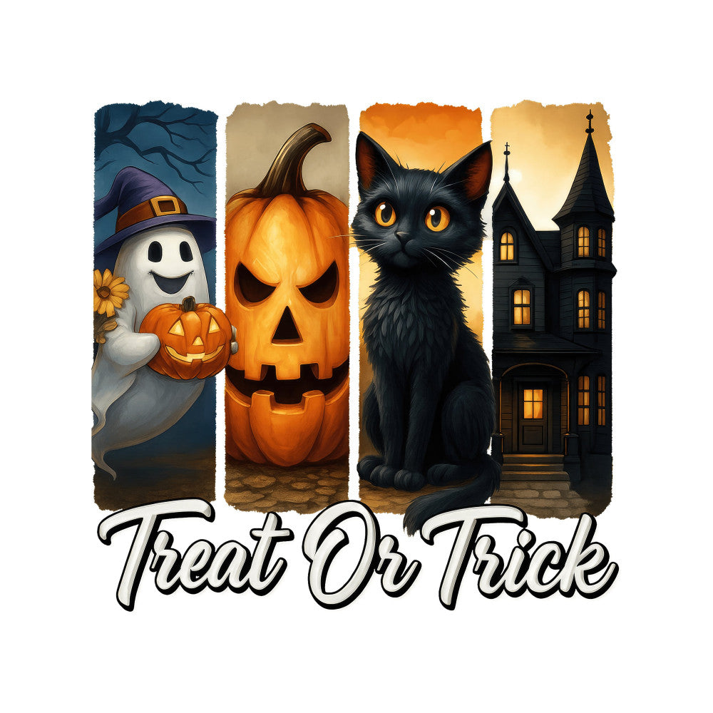 treat or trick, halloween, fall, autumn, pumpkin, ghost, black cat, haunted house, orange, black, navy blue, cream, golden yellow, spooky, festive, whimsical, playful, holiday, seasonal, trick-or-treating, jack-o-lantern, witch hat, yellow eyes, gothic, witchy, fun, children's, decorative, wall hanging, costume party