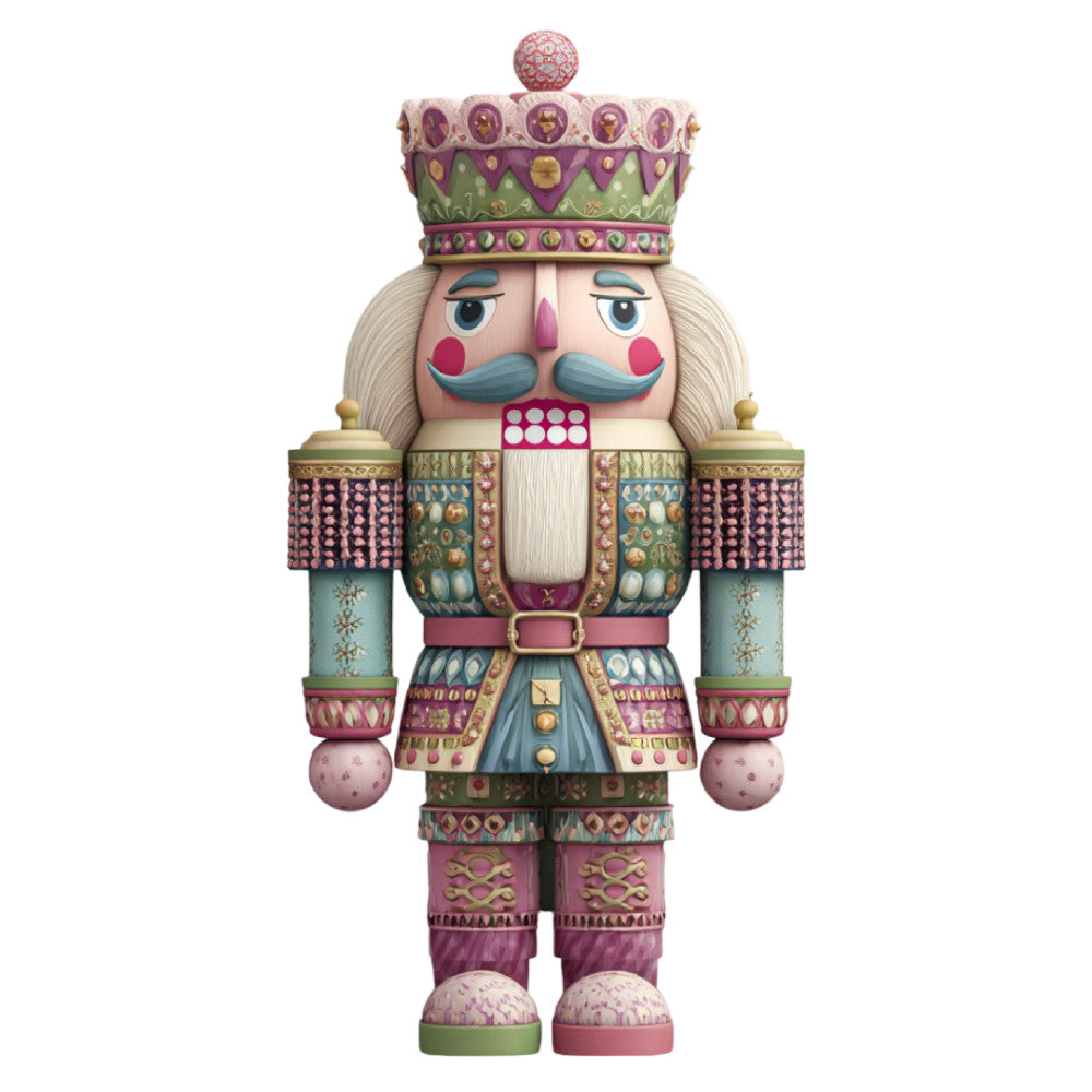 nutcracker, holiday, christmas, whimsical, traditional, toy soldier, vintage, festive, decorative, cream, dusty rose, mauve, sage green, teal blue, gold accents, ornate, ornamental, detailed, dimensional, royal, regal, crown, beard, mustache, boots, nutcracker king, winter, seasonal, festive decoration, child-friendly