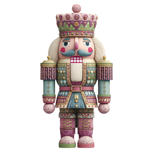 nutcracker, holiday, christmas, whimsical, traditional, toy soldier, vintage, festive, decorative, cream, dusty rose, mauve, sage green, teal blue, gold accents, ornate, ornamental, detailed, dimensional, royal, regal, crown, beard, mustache, boots, nutcracker king, winter, seasonal, festive decoration, child-friendly