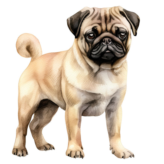 Watercolor Pug Fabric Panel 23 featuring a detailed, soft-toned illustration of a fawn pug on premium quilting cotton.