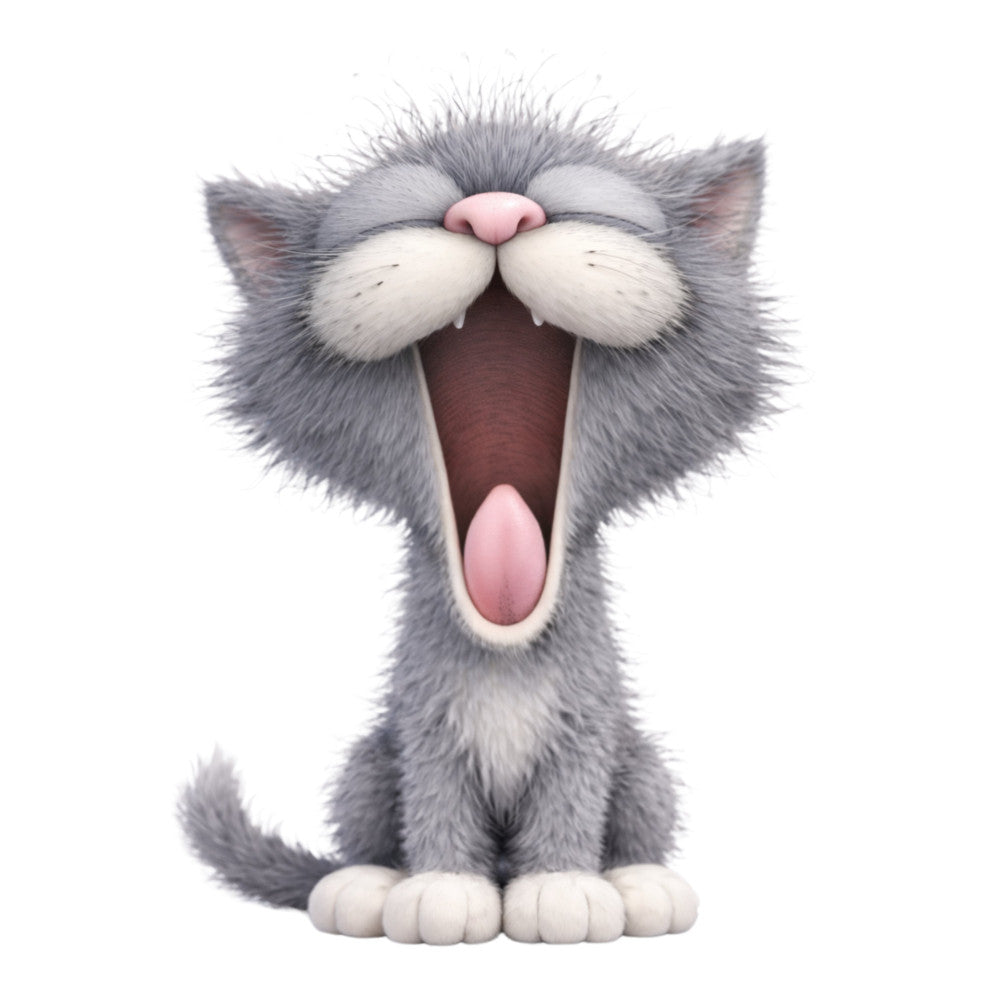 gray cat, grey cat, white whiskers, pink nose, yawning cat, cat face, animal, pets, cute animals, whimsical, playful, humorous, funny animals, children's, baby, nursery, gray and white, soft gray, light gray, pink accents, cartoon style, illustrated animals, cat lovers, kitten, feline, expressive face, fun design, kids fabric, playful animals