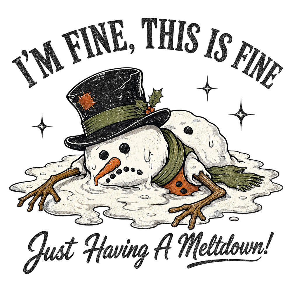snowman, winter, christmas, holiday, whimsical, vintage, retro, melting snowman, top hat, humorous, funny, seasonal, black, white, cream, forest green, rust orange, carrot nose, stick arms, stars, sparkles, rustic, charming, novelty, winter theme, festive, cold weather, snow melt, quirky, folk art