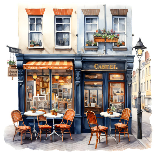 navy blue, orange, cream, gold, french cafe, parisian, european street scene, vintage, bistro, architecture, building facade, windows, flowers, planters, charming, elegant, romantic, cosmopolitan, city life, urban, retro, aesthetic, cafe chairs, storefronts, street lamp, classic, whimsical, travel themed, european decor