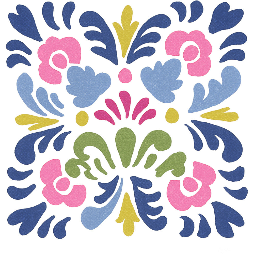 navy blue, hot pink, cornflower blue, sage green, golden yellow, floral, geometric, symmetrical, folk art, botanical, hearts, flowers, leaves, sprays, whimsical, modern folk, bohemian, spring, summer, decorative, ornamental, tile pattern, mandala-inspired, nature-inspired, vibrant, cheerful, playful, home decor, wall hanging, quilt panel
