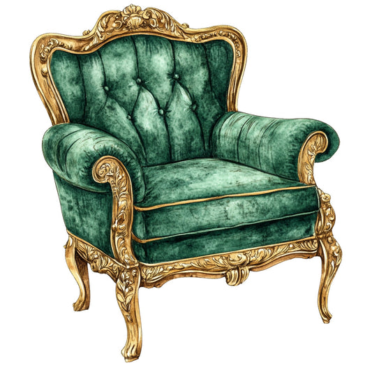 emerald green, gold, tufted upholstery, ornate frame, baroque, victorian, elegant, luxurious, vintage, antique, rococo, damask, scrollwork, botanical, classic furniture, home decor, upholstered chair, jewel tone, deep green, gilded accents, ornamental, traditional, timeless, sophisticated, regal, botanical green, furniture print, home furnishing, parlor style