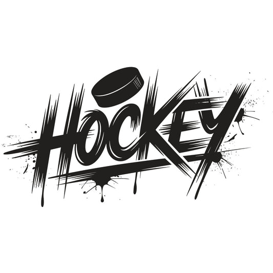 hockey, sports, black and white, monochrome, graffiti, urban, street art, edgy, modern, boys, teens, masculine, action sports, ink splatter, paint splatter, graphic, bold lettering, contemporary, casual, cool, athletic, game day, fan wear, youth, dynamic, energetic, splash effect