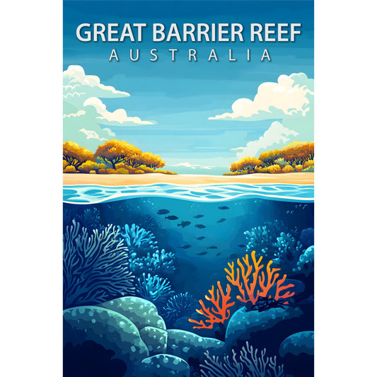 great barrier reef, australia, underwater scene, coral reef, tropical fish, orange coral, blue coral, turquoise water, sandy beach, golden trees, white clouds, blue sky, marine life, ocean depths, travel poster, fabric panel, vintage style, split view, coastal landscape, aquatic theme