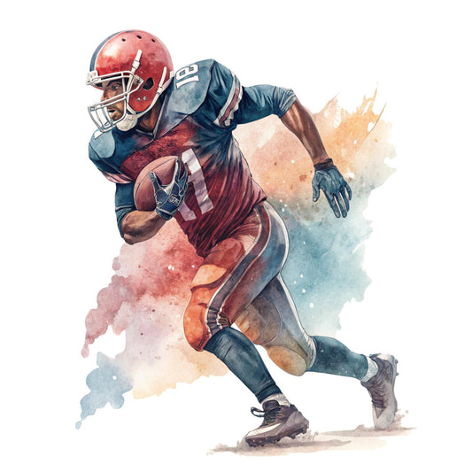 football player, sports, watercolor, red helmet, navy blue, burgundy red, tan beige, burnt orange, abstract watercolor, athletic, masculine, sports fan, football themed, action pose, receiver, running back, watercolor splash, ink wash, contemporary, modern art, sports memorabilia, game day, team colors, gridiron, athletic wear, sports illustration, male athlete, motion, dynamic pose