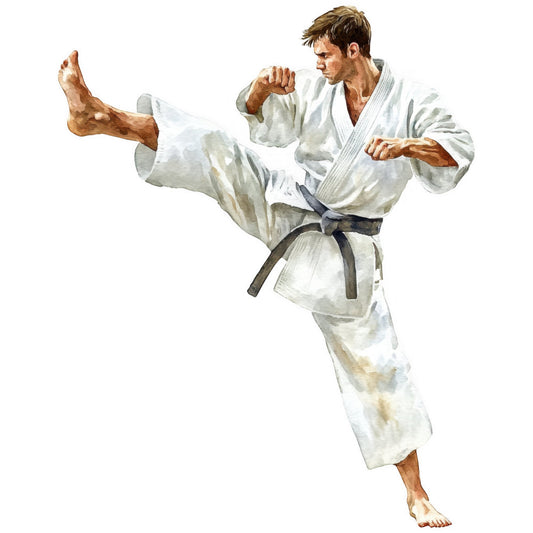 karate, martial arts, sports, men, active wear, cream, white, gray, grey, beige, tan, action figure, fighting stance, dynamic pose, athletic, strength, discipline, traditional, vintage style, illustration, watercolor, educational, instructional, novelty, hobby, fitness, training, asian inspired, cultural, themed panel