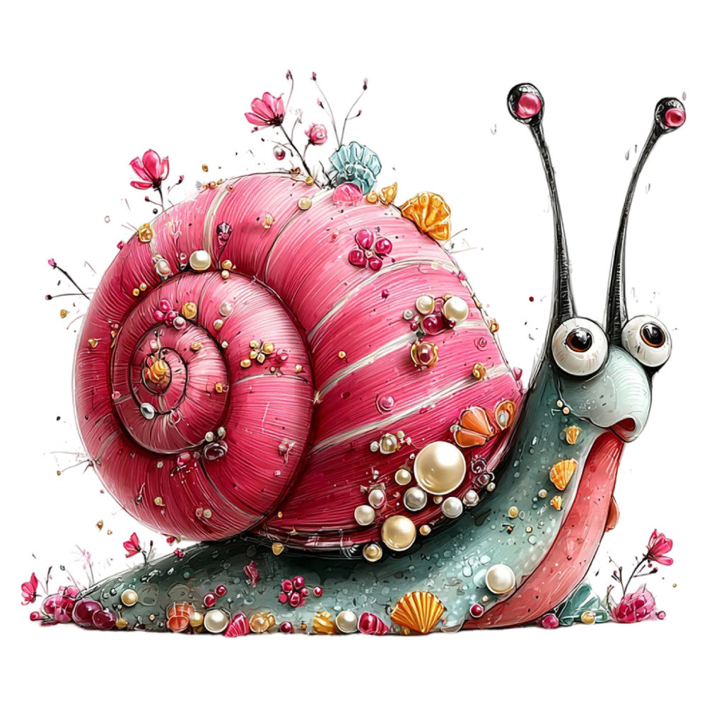 hot pink snail, coral pink, dusty green, pearl white, gold accents, whimsical, decorative snail, garden creatures, nature themed, floral embellishments, flowers, shells, pearls, beads, embellished, botanical, spring, summer, playful, fantasy, magical realism, children's design, animal characters, decorative elements, jeweled, ornate, charming, cute creatures, shell motifs, rose pink
