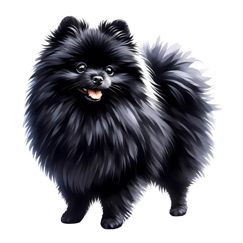 black pomeranian, fluffy dog, cute puppy, animal portrait, dog lover, pet themed, black and white, charcoal gray, silver gray, whimsical style, playful design, companion animal, small dog breed, fluffy coat, spitz type, happy expression, smiling dog, dog illustration, realistic style, adorable pet, family friendly, children's theme, nursery decor, baby quilt, wall hanging, pet portrait, domestic animal, toy breed, cheerful mood