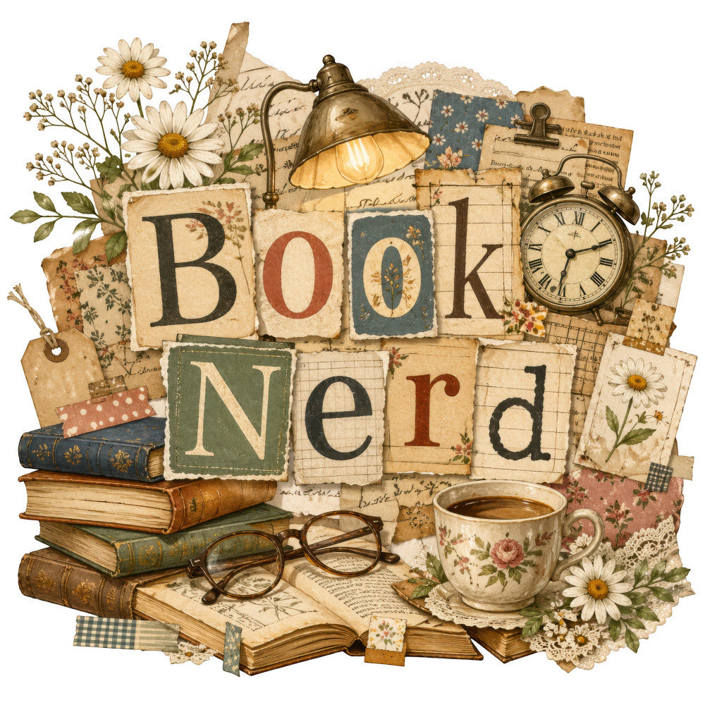 book nerd, vintage, steampunk, literary, cream, beige, dusty blue, sage green, rust red, floral, daisies, books, reading, antique clock, lamp, glasses, tea cup, botanical, nature, nostalgic, cottage core, library, academic, educational, lace, calico print, mixed media, collage, eclectic, whimsical